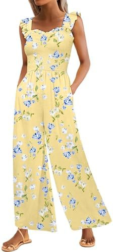 Caracilia Womens Jumpsuit Sleeveless Casual Dressy Smocked Wide Leg Rompers Summer Vacation Jumpe... | Amazon (US)