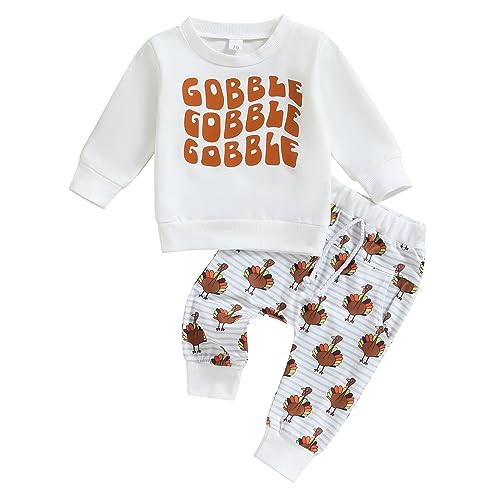 Okbabeha Fall Thanksgiving Baby Outfit Boy Gobble Sweatshirt Shirt Pullover Tops Turkey Pants Toddler Boys Thankful Clothing (White, 6-12 Months) | Amazon (US)