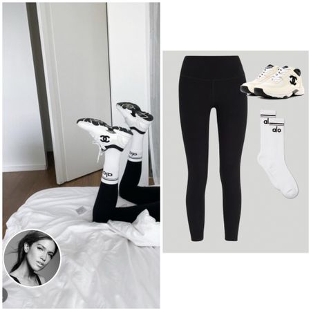 Brynn Whitfield’s Black Leggings, Alo white slouch socks and Chanel Sneakers