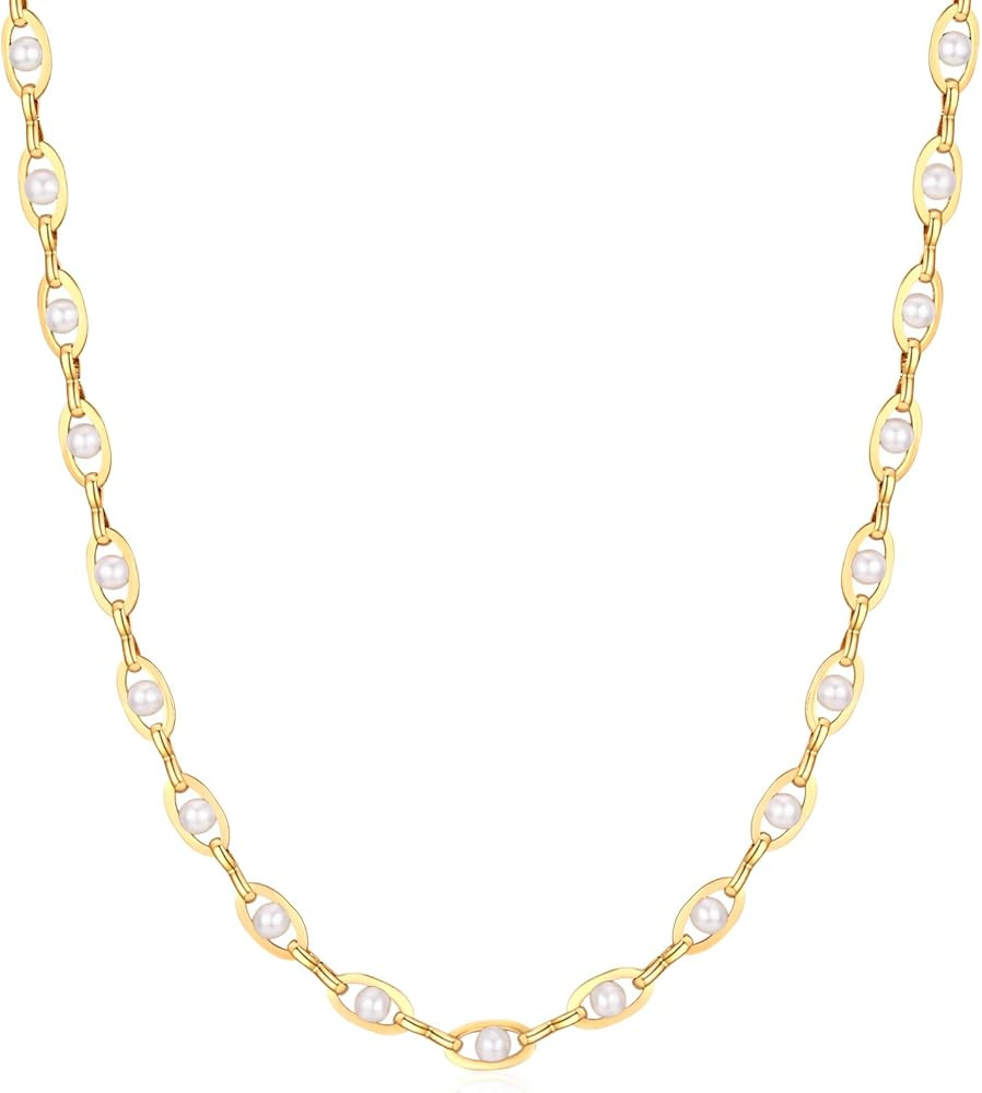 Gold Pearl Necklace for Women, 18K Gold Plated Dainty Pearls Beaded Chain Necklace Jewelry Gifts ... | Amazon (US)