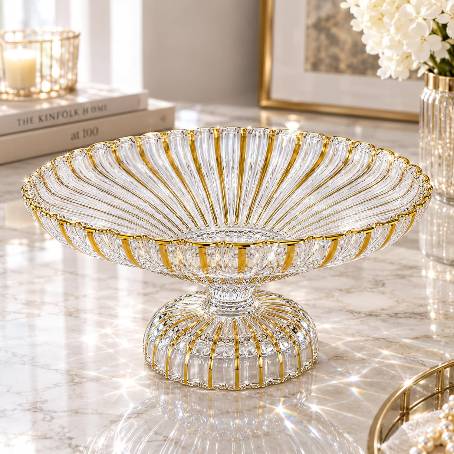 Gold Large Decorative Bowl 12'' Hand-painted Ruffle Decorative Bowl Glass Fruit Bowls Crystal Key Bowls Modern for Counter Home Decoration Table Centerpiece Kitchen Dining Room (Pedestal) | Amazon (US)