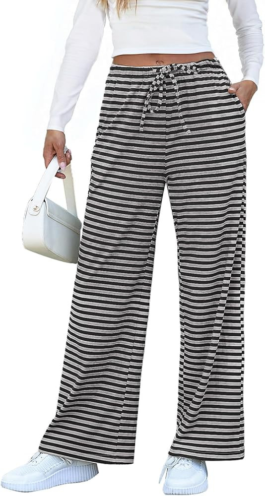 EVALESS Wide Leg Pants for Women Drawstring Elastic Waist Stripe Ribbed Sweatpants with Pockets | Amazon (US)