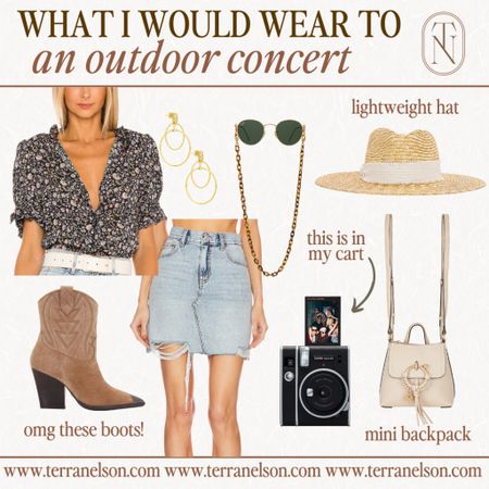 Country concert outfit idea, outdoor concert, Taylor swift concert, boots, straw hat, revolve, flowy blouse, floral top, sunglasses, earrings, 

#LTKunder100 #LTKitbag #LTKFind