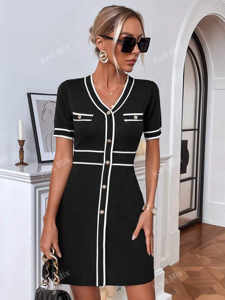 Knit Mix Striped Trim Button Front Sweater Dress | SHEIN USA | SHEIN