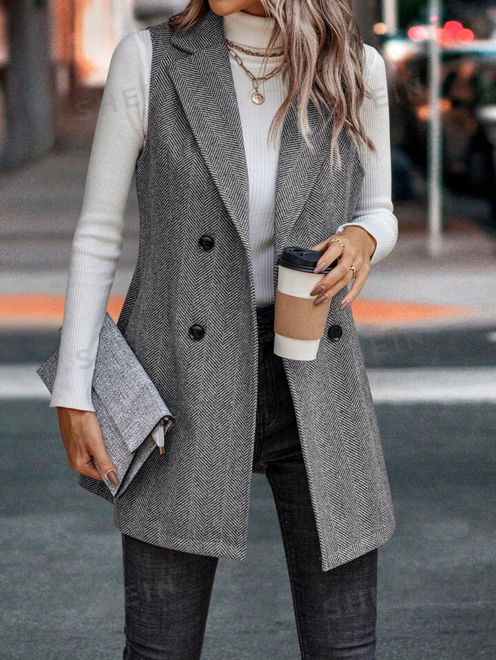 SHEIN Privé Lapel Neck Double Breasted Vest Blazer | SHEIN