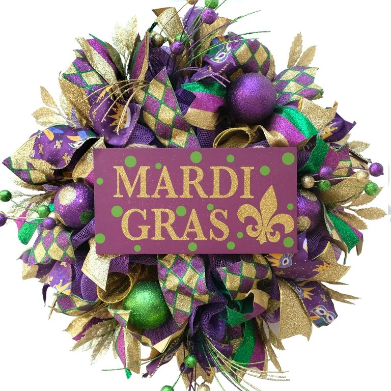Mardi Gras Wreath for front door, 18 inch Mesh Handmade Wreath with Gold Leaves, Mardi Gras Wreat... | Walmart (US)