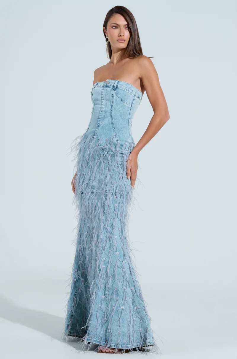 BRITTANY FEATHER DENIM MAXI DRESS | AKIRA