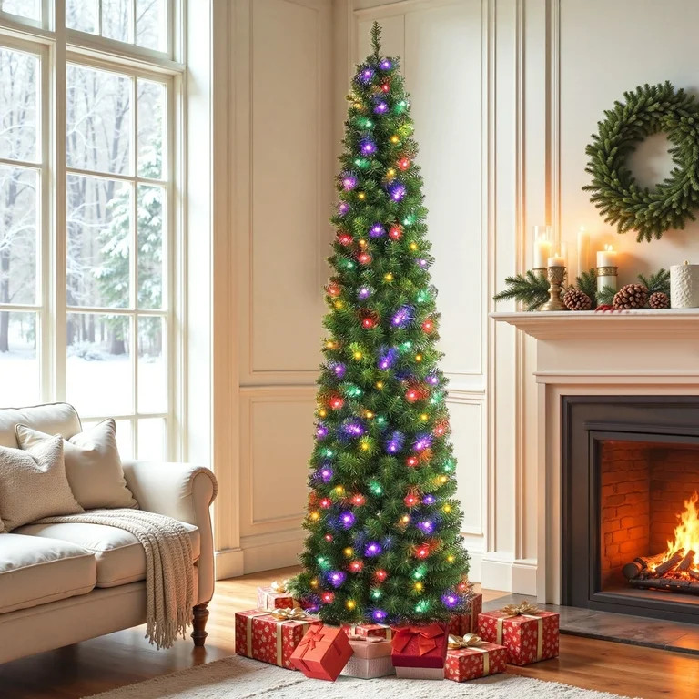 6.5ft Pre-Lit Pencil Christmas Tree, Artificial Xmas Tree with 150 Dual-Color LEDs, 10 Lighting M... | Walmart (US)