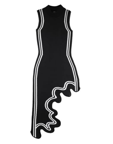 Hesaco Wave-Print Asymmetric-Hem Dress for Women - Sexy Y2K Mock Neck Knit Bodycon Sleeveless Mini Midi Dress Streetwear (Black,3XL,3X-Large) | Amazon (US)