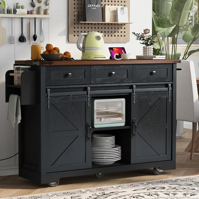 Whisen Farmhouse Wood Kitchen Cart, Rolling Kitchen Cart with Drop Leaf, 2-Sliding Barn Doors, Towel Rack, Spice Rack, 3-Drawers - Black | Target