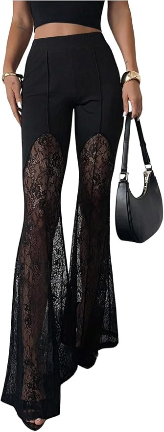 Floerns Women's Goth Floral Lace Flare Leg Pants Elastic Waist Bell Bottom Grunge Hippie Trousers | Amazon (US)