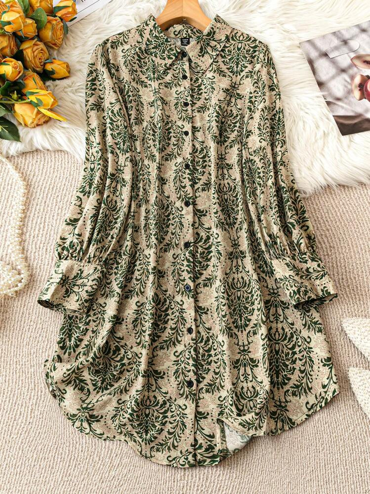 SHEIN LUNE Plus Size Full-Frame Printed Fashionable Casual Long Sleeve Shirt Dress | SHEIN