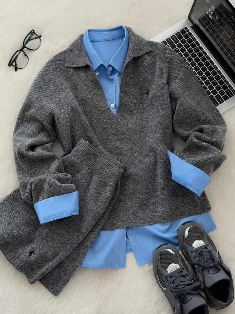 Muvela Conjunto De 2 Piezas De Suéter De Lana De Cuello Polo De Manga Larga Y Pantalones Cortos Para Mujer, Cálido Y Cómodo, Con Bordado Delicado, Estilo Universitario Retro, Casual Para Uso Diario, De Vuelta A La Escuela, Té De La Tarde, Estética Vintage, Otoño | SHEIN