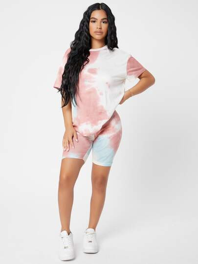 SHEIN PETITE Tie Dye Drop Shoulder Top & Biker Shorts Set | SHEIN
