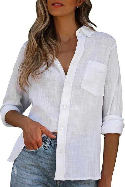 Womens V Neck Button Down Shirt Cotton Linen Long Sleeve Casual Blouse Loose Fit Tops | Amazon (US)