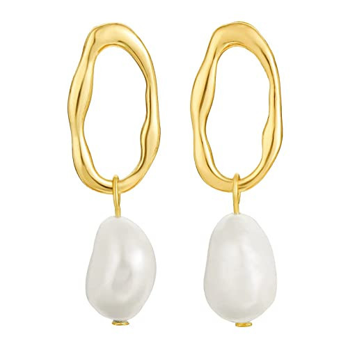 SPECCI 18K Gold Plated Pearl Dangle Earrings, Baroque Pearl Drop Earrings, Trendy Pearl Dangle Hoop Earrings for Women Girls | Amazon (US)