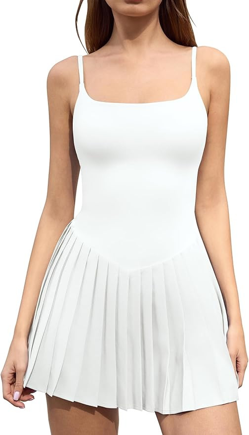 QINSEN Spaghetti Straps Square Neck Tennis Dress for Womens Pleated Skirts Built in Shorts Golf A... | Amazon (US)