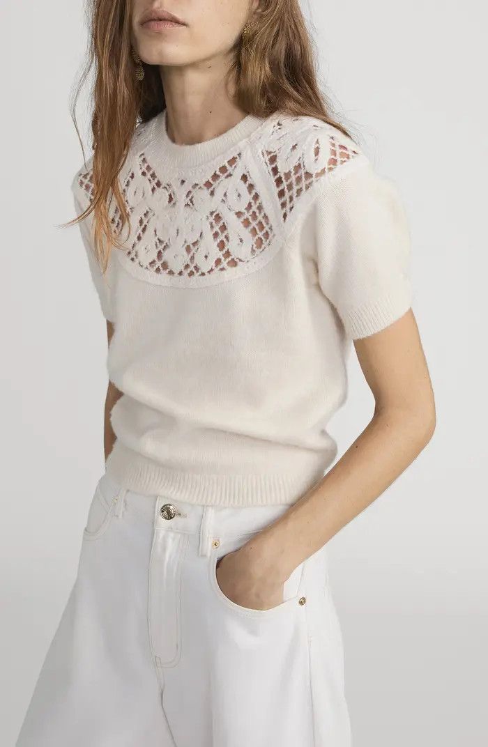 FRAME The Lace Gathered Cashmere Short Sleeve Sweater | Nordstrom | Nordstrom