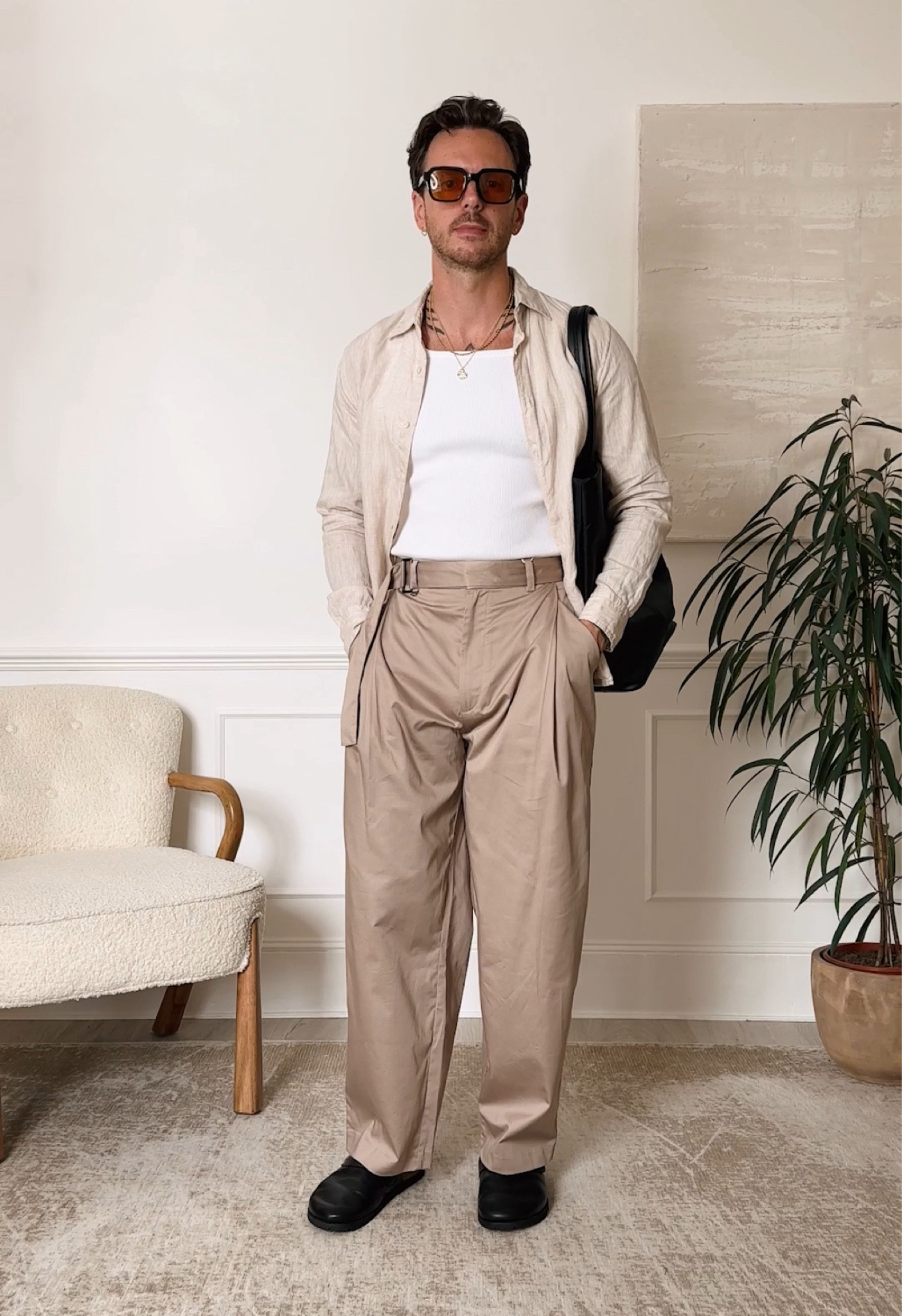 Summer, neutral, styling, stylist, beige, classy, simple, outfit, menswear, white vest, tailored trouser, linen shirt, mules, tote bag

#LTKmens #LTKuk #LTKsummer