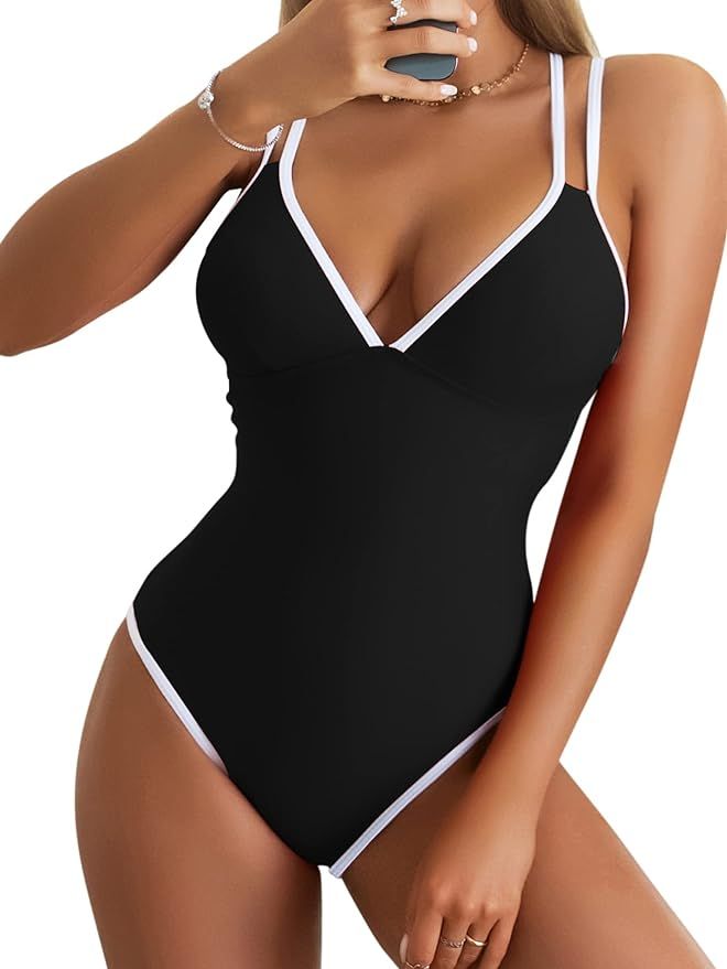 B2prity Women's V Neck One Piece Swimsuits Tummy Control Bathing Suit Cross Back Swimwear Slimmin... | Amazon (US)