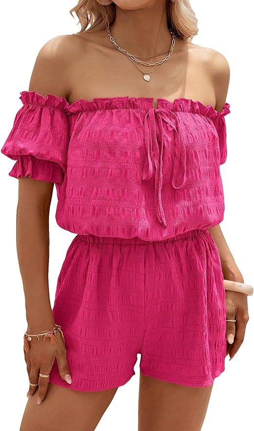 MakeMeChic Women's Summer 2 Piece Outfits Off Shoulder Puff Sleeve Tie Front Blouse Top and Short... | Amazon (US)