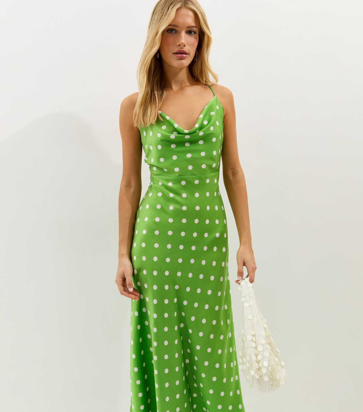 Green Polka Dot Satin Strappy Midi Dress | New Look | New Look (UK)