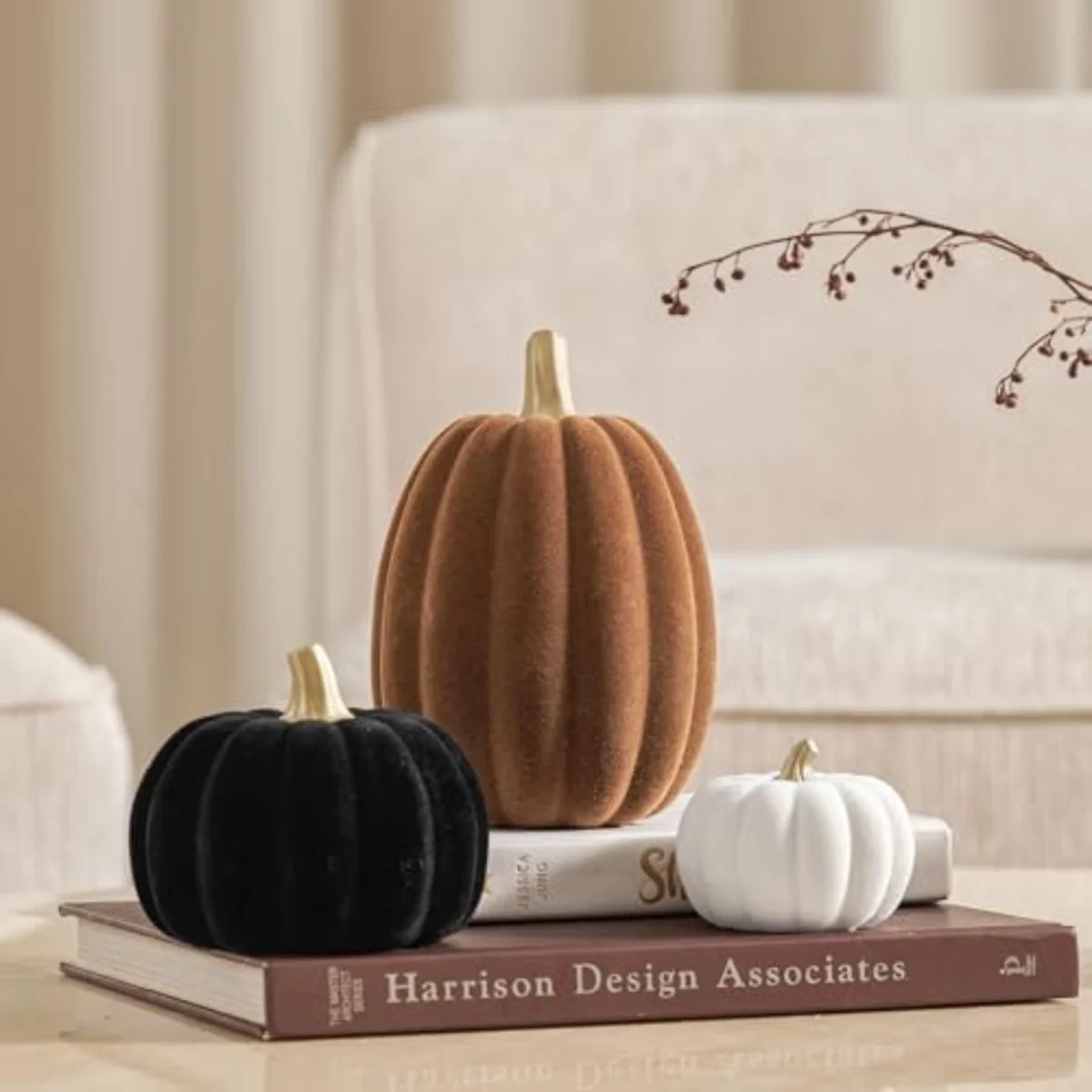 3 Pcs Fall Pumpkin Decorations – Flocked White Brown Black Resin Pumpkins Figurines For Autumn ... | Wayfair North America