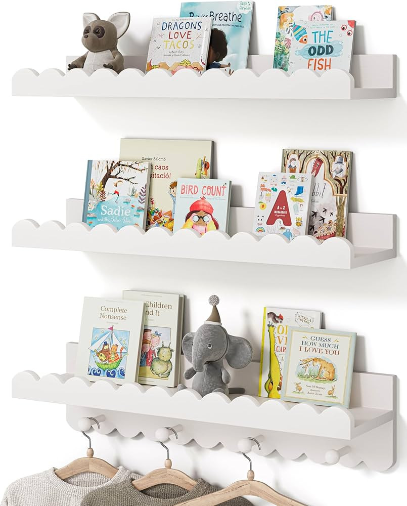G&W Gruwald Nursery Book Shelves with Coat Hooks, Scalloped Floating Shelves, Wall Book Shelf for... | Amazon (US)