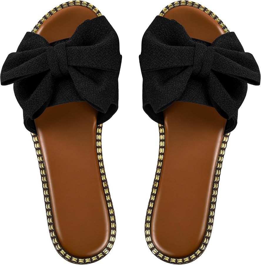 Women's Bow Knot Slides Open Toe Flat Sandals Summer Slip On Slippers | Amazon (US)