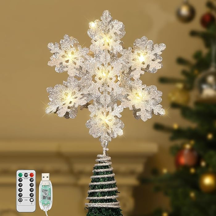 Lewondr Christmas Snowflake Tree Topper, 3D Snowflake Treetop USB & Remote Control, 13'' Xmas Tre... | Amazon (US)