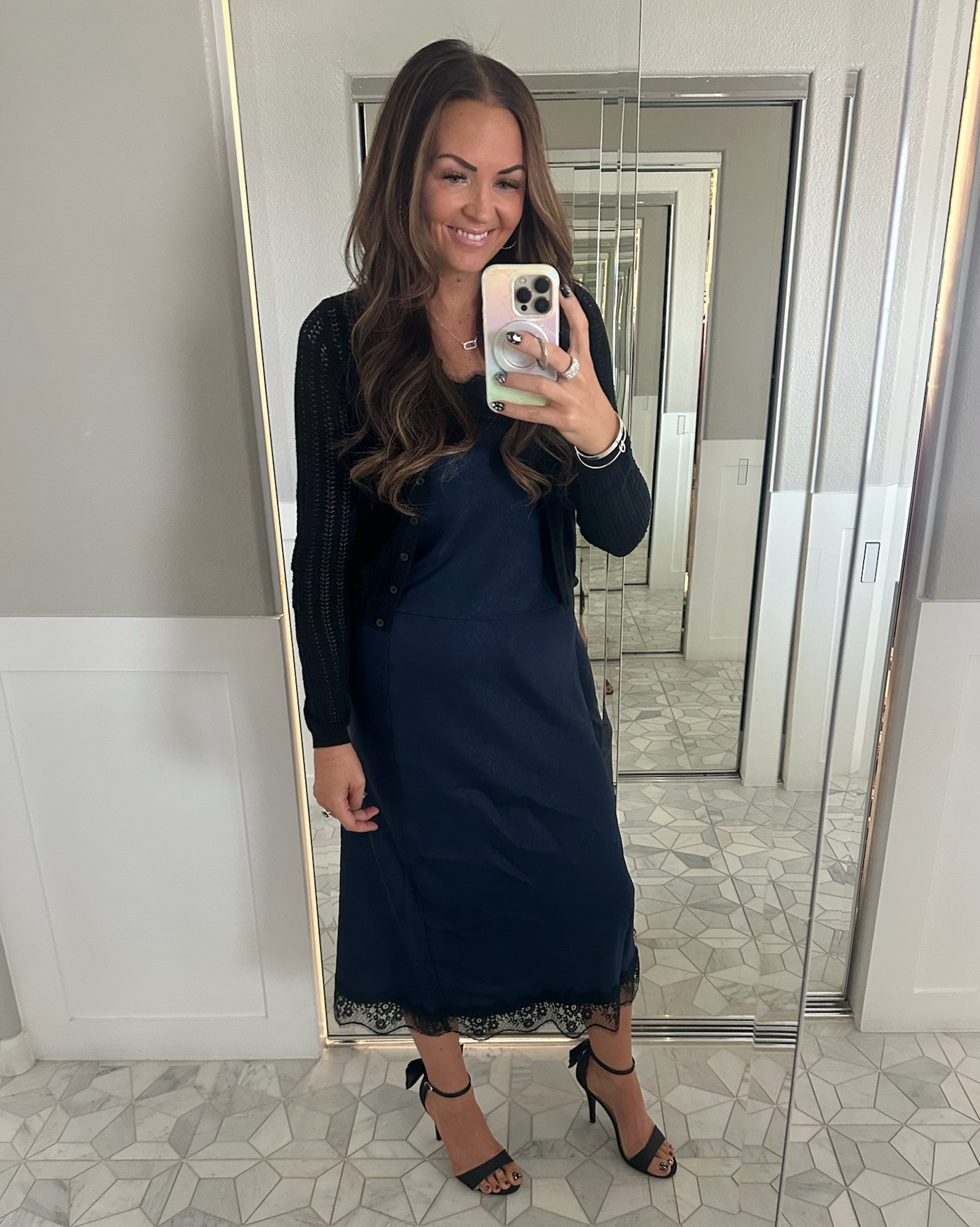 Target matching set. Lace midi skirt and cami paired with black cardigan and strappy bow heel. 🖤

#LTKMidsize #LTKStyleTip #LTKFindsUnder50