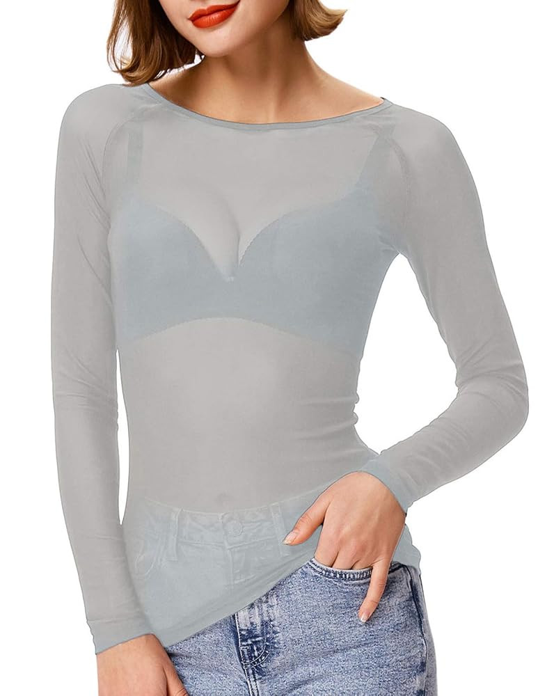 Women's Basic Long Sleeves Mesh Sheer Tops | Amazon (US)