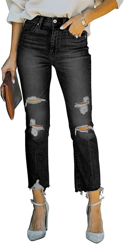 MINGALONDON Womens Ripped Boyfriend Jeans Mid Waisted Distressed Stretchy Denim Pants | Amazon (US)