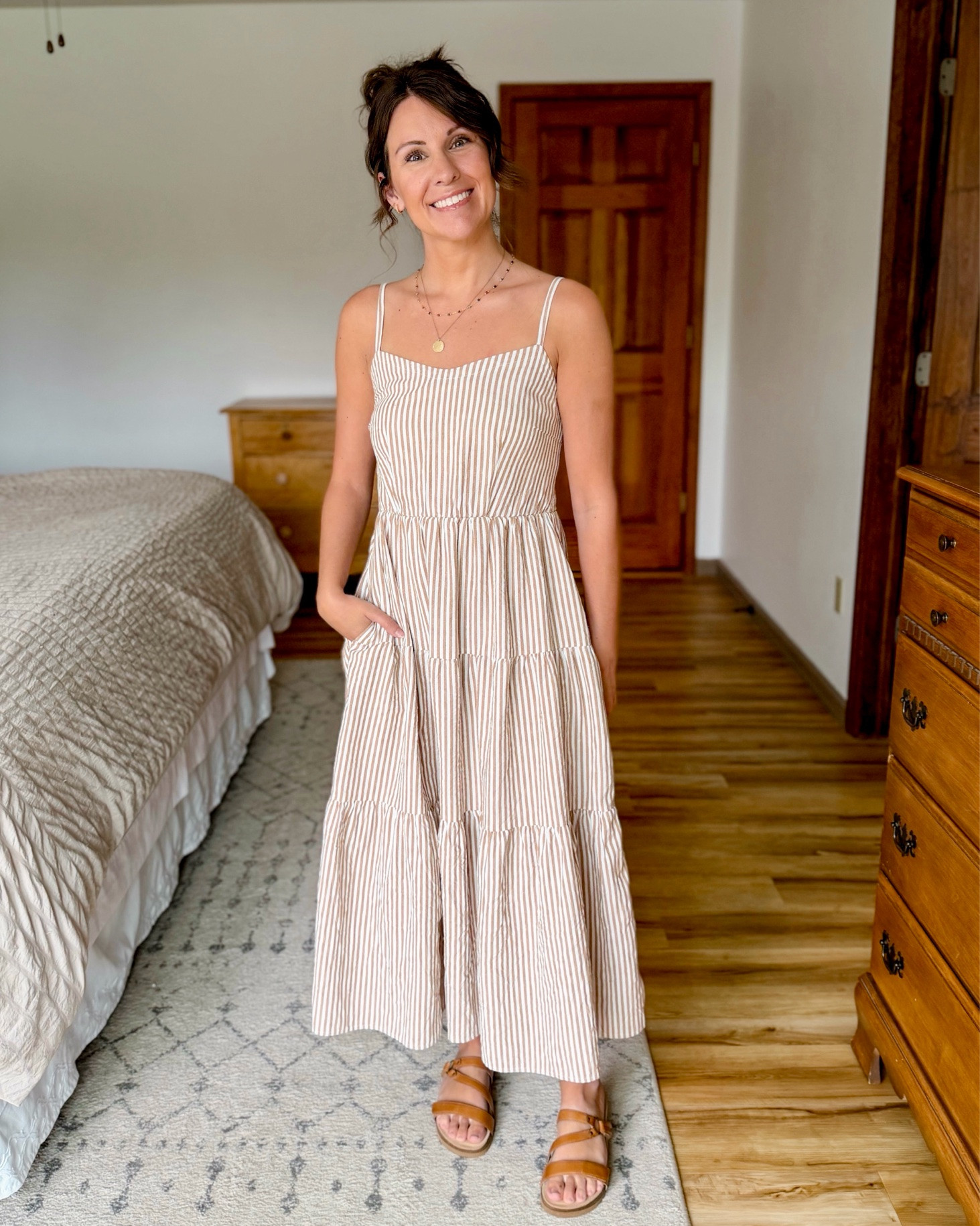 Amazon try on! All stretchy, comfy and lightweight! 

Striped dress—xs
Striped boxers-small
Brown tank-xs
Green skirt-small 
Brown striped pants-xs 

36/6 in both pairs of sandals!

#LTKPetite #LTKootd #LTKSeasonal