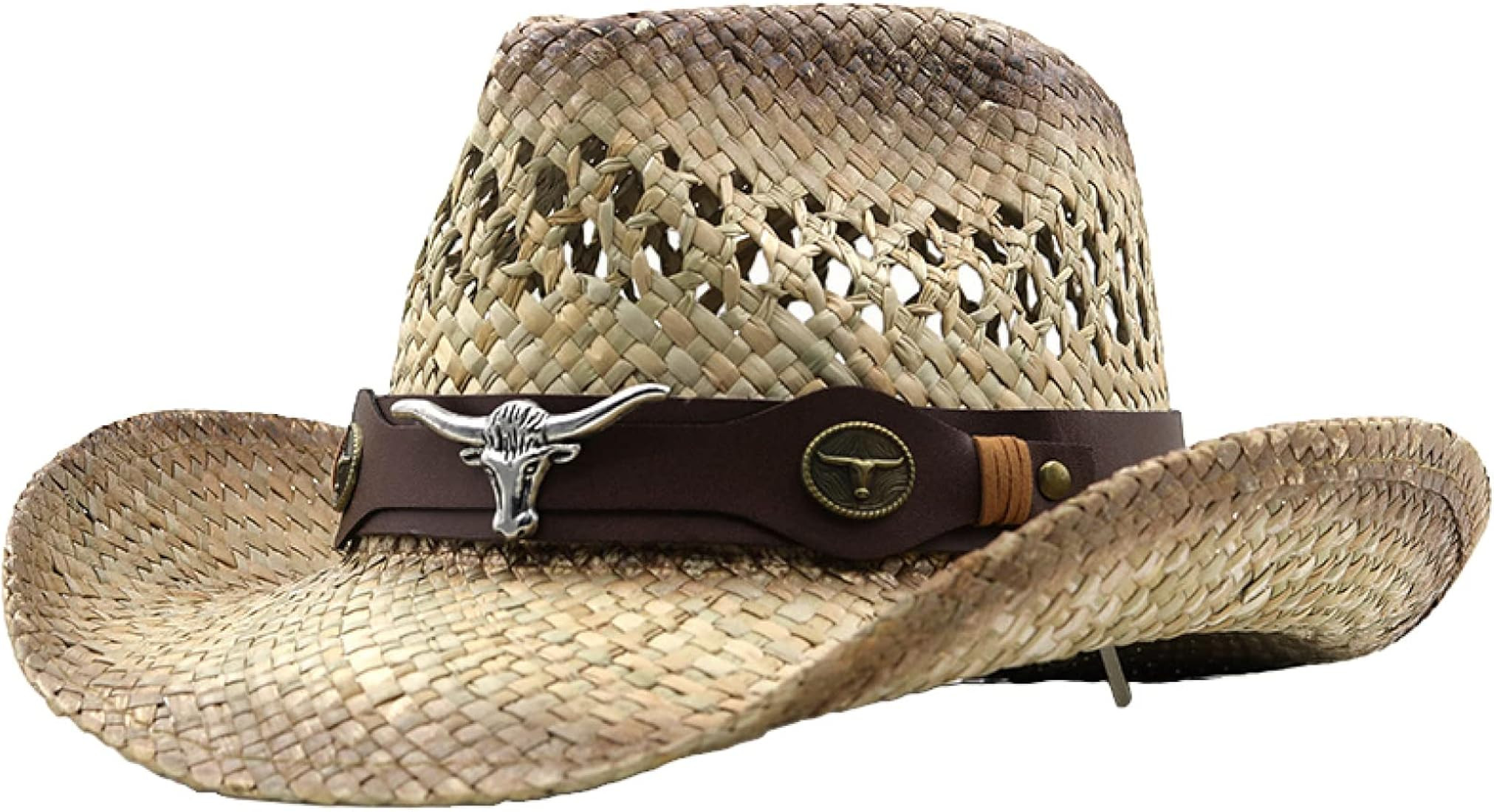 Straw Cowboy Hat for Men Women Western Cowgirl Hat Vintage Wide Brim Summer Sun Caps with Punk Le... | Amazon (US)