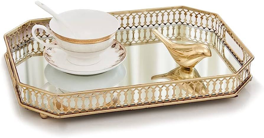 LULUDADA Big Large Metal Gold Decorative Glass Mirror Centerpieces Organizer Bathroom Counter Sto... | Amazon (US)