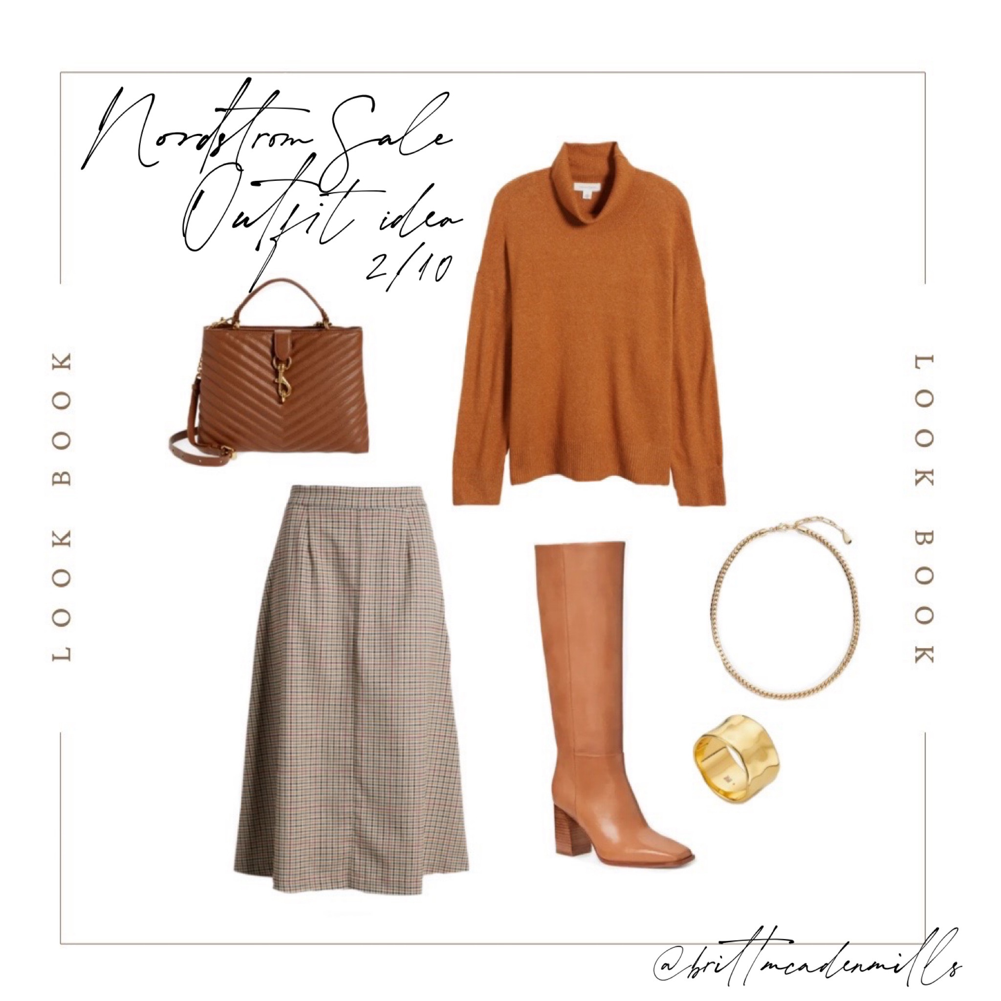 Nordstrom Sale outfit idea that’s perfect for office, date, or family photos. I love this autumn plaid pattern skirt in beautiful neutral tones styled with a pumpkin orange tone sweater from Treasure & bond. Add a leather handbag and boots in cognac brown to compliment the brown tones and some gold jewelry. Nordstrom sale, fall outfit idea, autumn outfit idea, autumn outfit trends, A-line skirt, knee high boots, gingham skirt, chunky sweater, oversize sweater 

#LTKworkwear #LTKsalealert #LTKxNSale