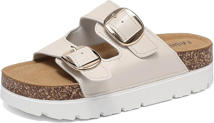 Pantoletten Sandalen Damen mit Kork-Fußbett Verstellbarer Riemen Plateau Schlappen, Rutschfester... | Amazon (DE)