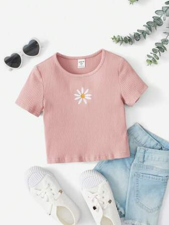 SHEIN Kids Y2Kool Toddler Girls Floral Embroidery Rib-knit Tee | SHEIN
