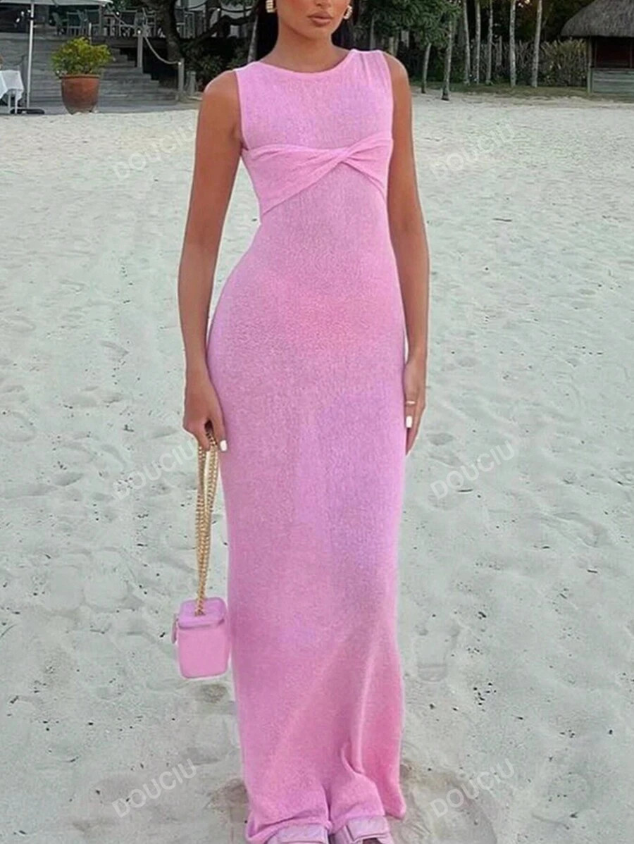 Women Plain Sleeveless Simple Twist Sheer Casual Sweater Dress | SHEIN