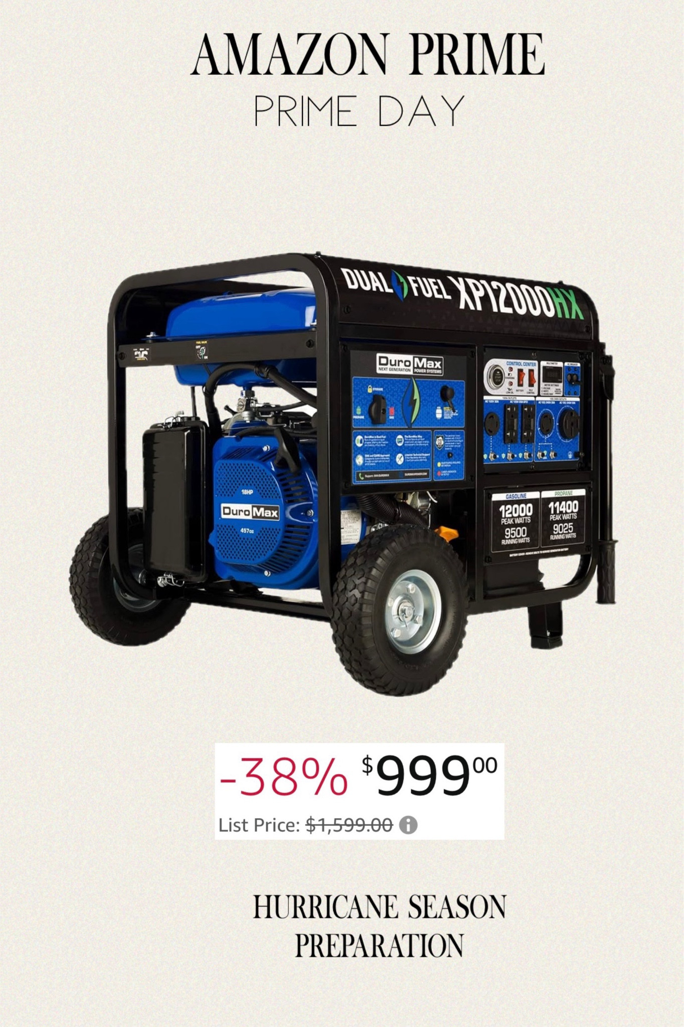 Hurricane season is in full seing, be prepared! We just got this DuroMax XP12000HX Dual Fuel Portable Generator-12000 Watt Gas or Propane Powered Electric Start w/CO Alert, 50 State Approved Amazon Prime Day Deal. 

#LTKSaleAlert #LTKHome #LTKSeasonal