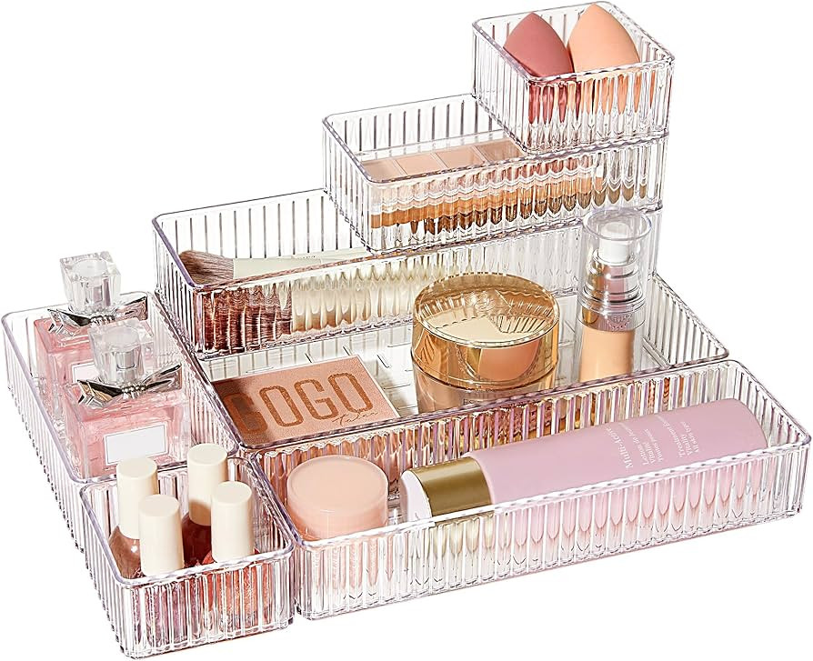 Vtopmart 7 PCS Clear Drawer Organizers Bins, 4-Size Stackable Makeup and Vanity Drawer Organizer ... | Amazon (US)