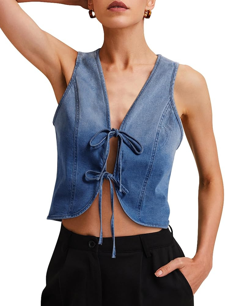 Womens Denim Vest Crop Sleeveless V Neck Denim Top Retro Tie Up Front Jean Vest | Amazon (US)