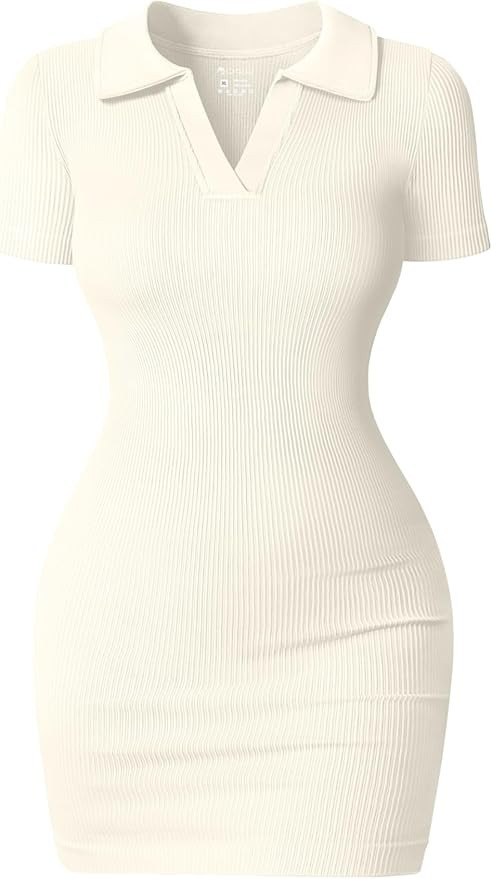 OQQ Women's Mini Dresses Sexy Ribbed Short Sleeve Tummy Control Bodycon Mini Dress | Amazon (US)