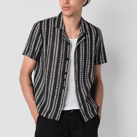 Mens Short Sleeve Striped Button-Down Shirt, Large, Black | JCPenney
