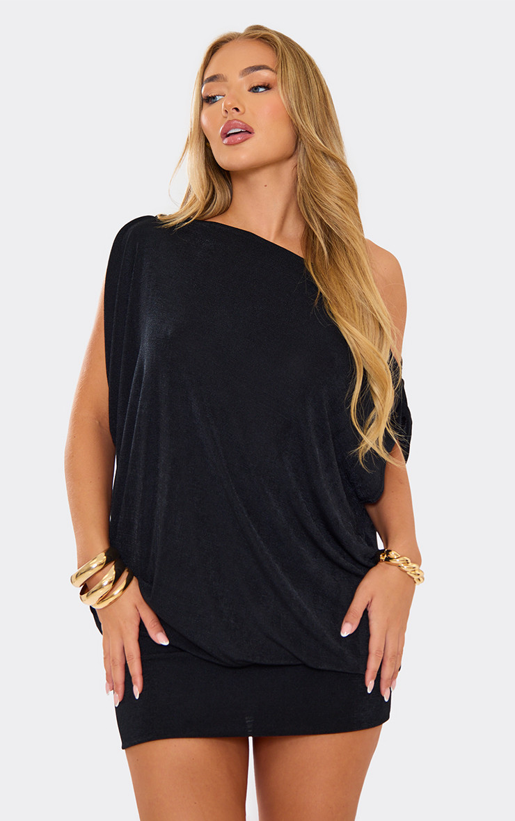 Off The Shoulder Draped Asymmetric Mini Dress In Black | EGO Shoes (US & Canada)