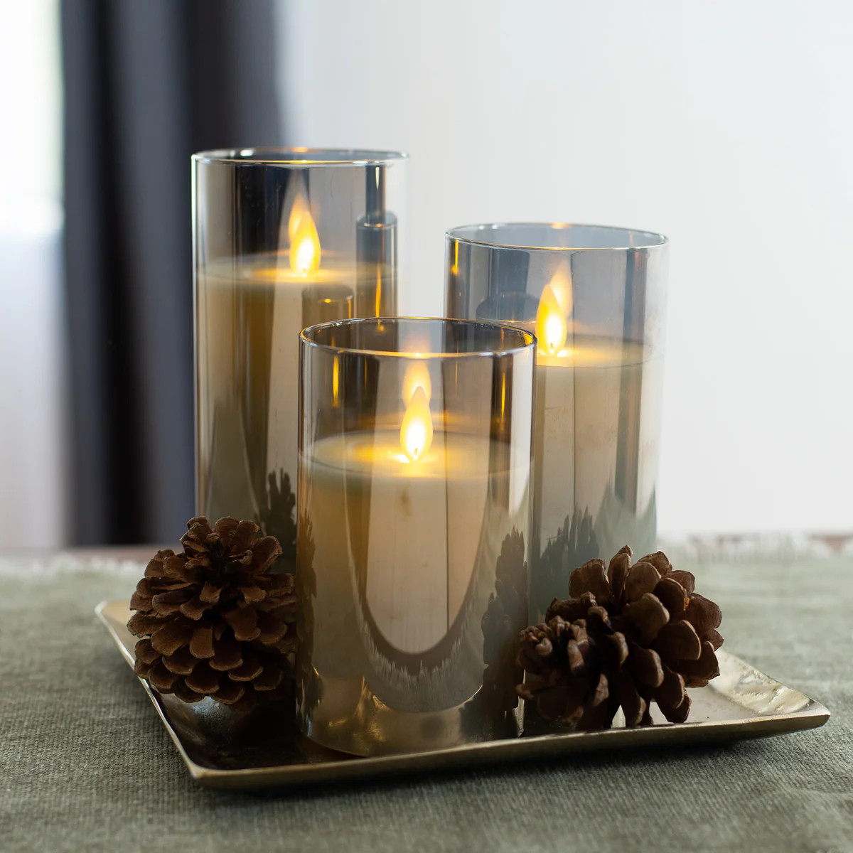 Moving Flameless LED Smokey Glass Pillar Candles with Remote- Set of 3 | Darby Creek Trading