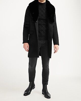 Black Faux Fur Collar Wool-Blend Trench Coat Black Men's L Tall | Express