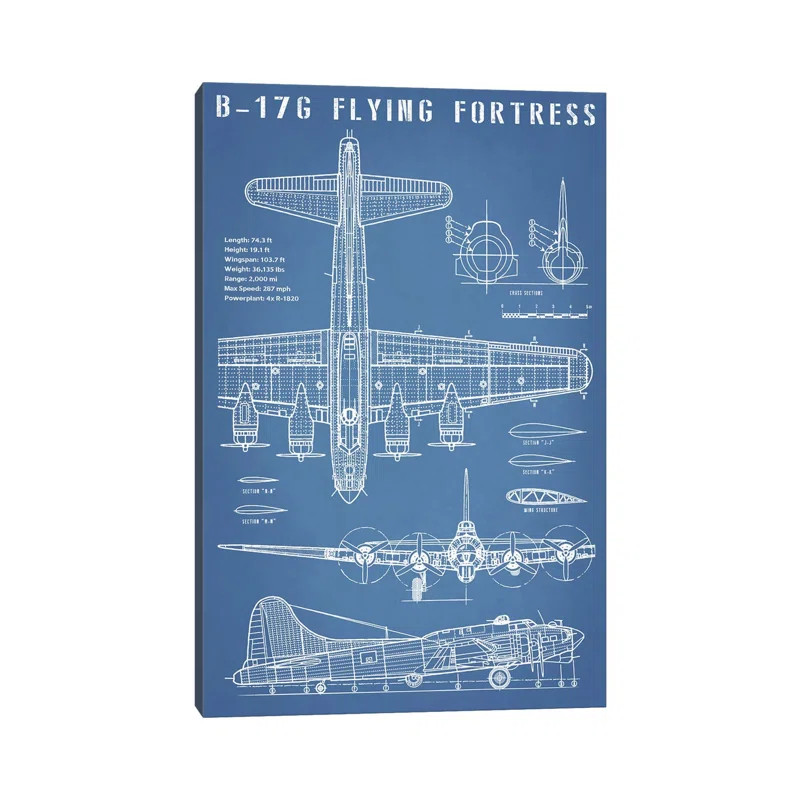 B-17 Vintage Bomber Airplane On Canvas by Action Blueprints Print | Wayfair North America