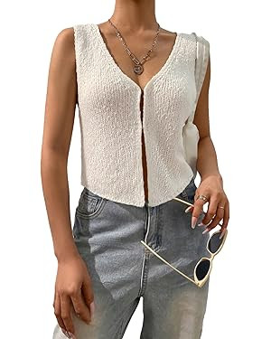 WDIRARA Women's V Neck Sleeveless Hook and Eye Asymmetrical Hem Knit Tank Top | Amazon (US)